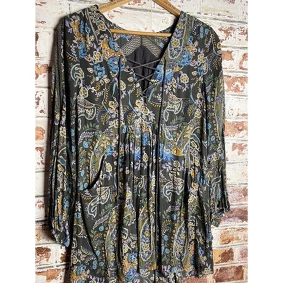 Free People Rain or Shine Printed Floral Flowing Tie Up Dress w Pockets - Picture 3 of 8